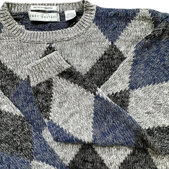 VTG HENRY GRETHEL Sweater Argyle Gray Blue XL Y2K 90s Handframe Knit Abstract - Picture 5 of 12